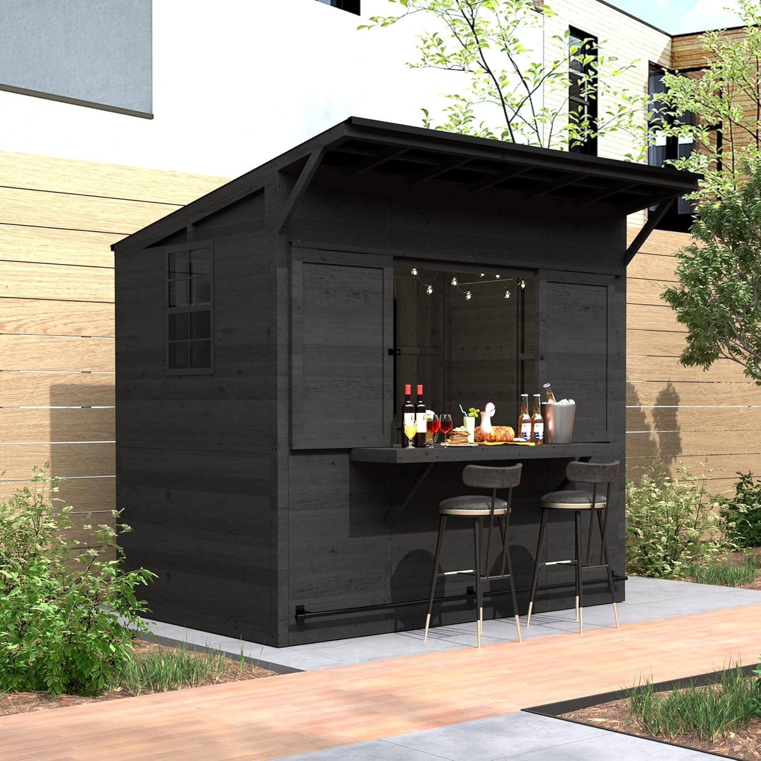 MUPATER bar shed review and rating showing full unboxing and all included components laid out on lawn