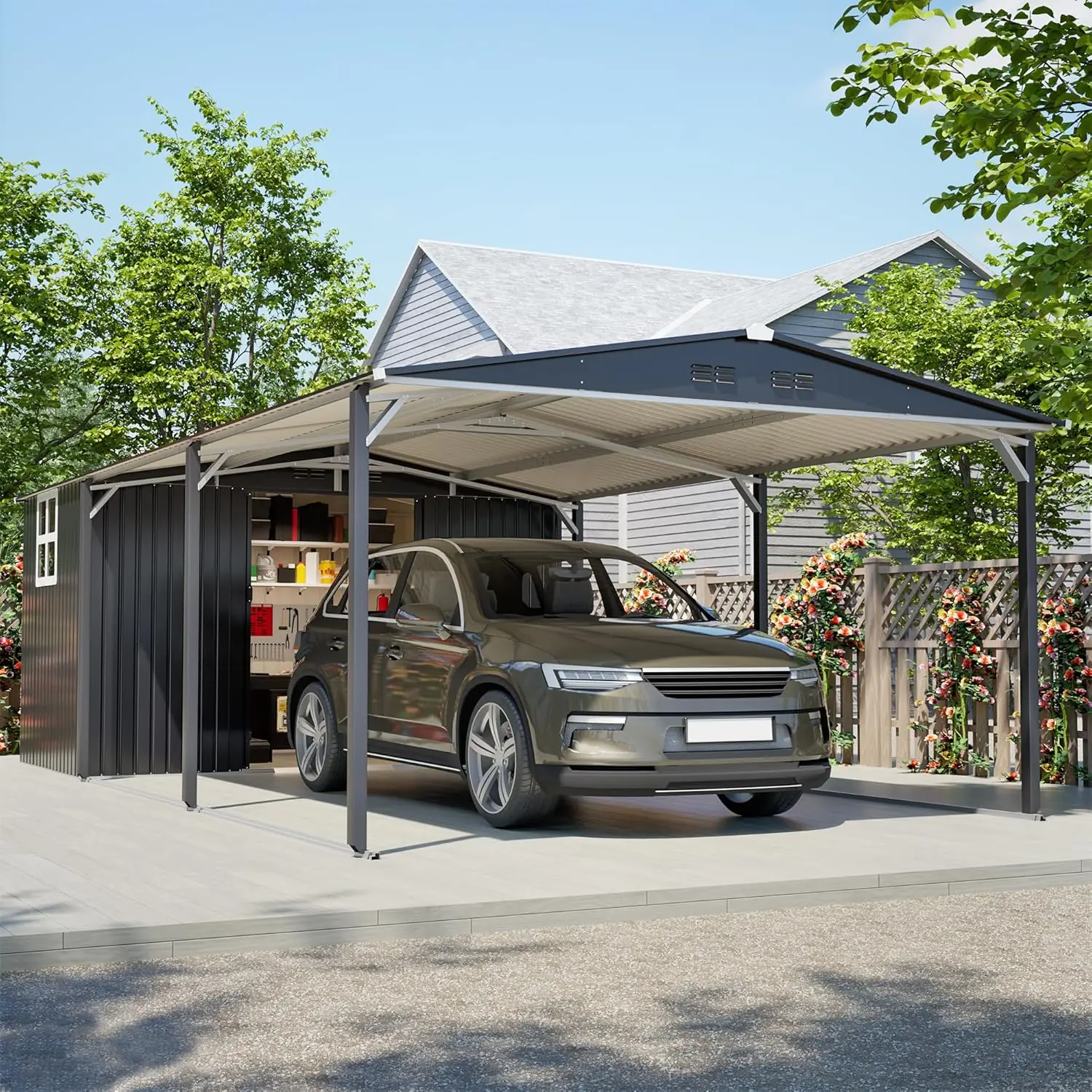 KEIKI carport review build quality and materials close-up showing steel tubing and panel joints