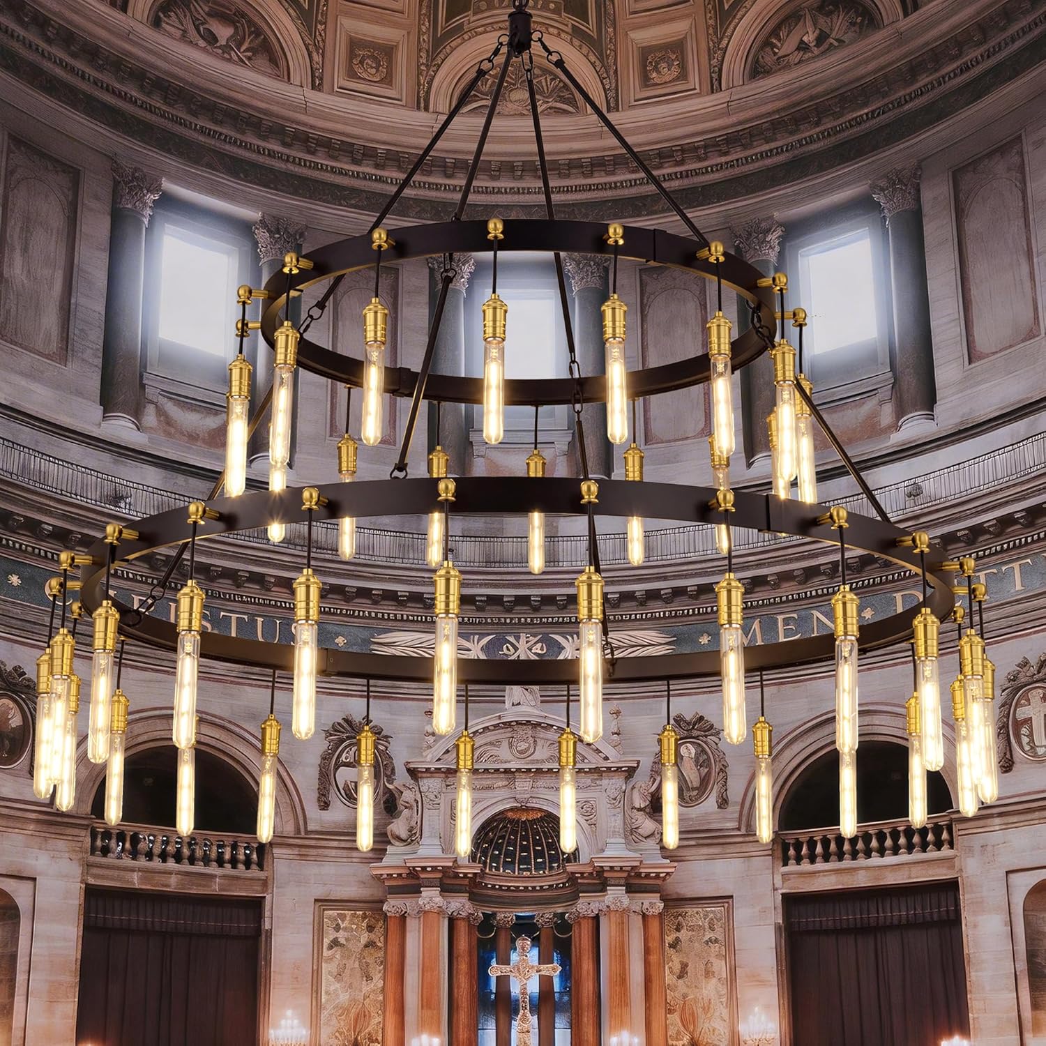 TOCHIC black gold chandelier review - detailed features, 40 lights, matte black and gold finish, wagon wheel design